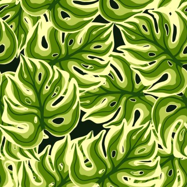 Soyut yeşil canavar siluetleri pürüzsüz bir şekilde bırakıyor. Siyah arka plan. Avuç içi tropik zemin. Kumaş tasarımı, tekstil baskısı, ambalaj ve kapak için tasarlandı. Vektör illüstrasyonu.