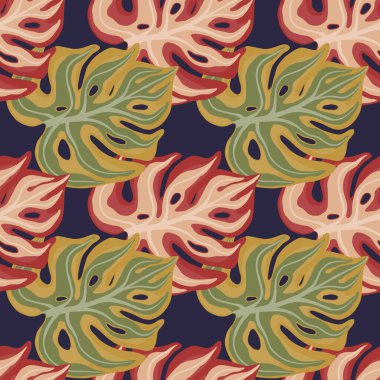 Elle çizilmiş yeşil ve pembe renkli canavar şekilli kusursuz karalama deseni. Koyu mor arka plan. Kumaş tasarımı, tekstil baskısı, ambalaj ve kapak için tasarlandı. Vektör illüstrasyonu.