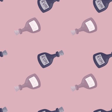 Rom şişesi dikişsiz pembe arka plan deseni. Korsan duvar kağıdı içer. Çizgi film tarzı. Kumaş tasarımı için dekoratif zemin, tekstil baskısı, ambalaj, kapak. Vektör illüstrasyonu