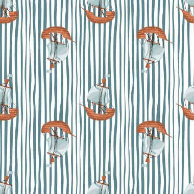 Marine transport seamless pattern with sailboat ship simple silhouettes. Striped blue and white background. Designed for fabric design, textile print, wrapping, cover. Vector illustration.