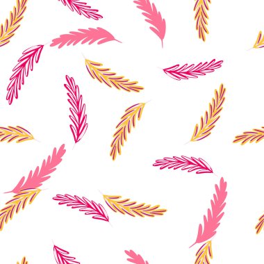 Rastgele pembe ve turuncu izole edilmiş biberiye siluetleri. Beyaz arka plan. Bitkisel soyut şekiller. Kumaş tasarımı, tekstil baskısı, ambalaj ve kapak için mükemmel. Vektör illüstrasyonu.