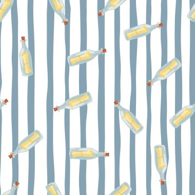 Karikatür desenli, içinde mesaj izi olan rastgele cam şişeler. Deniz tarzı. Çizgili arka plan. Kumaş tasarımı, tekstil baskısı, ambalaj ve kapak için tasarlandı. Vektör illüstrasyonu.