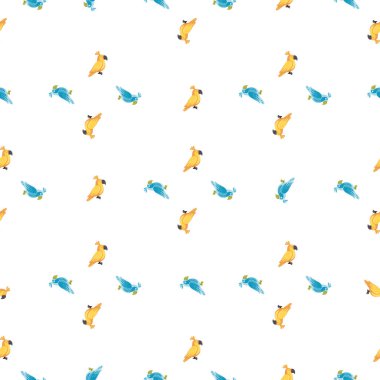 Küçük yeşil ve sarı papağan şekilli soyut, pürüzsüz desen. Beyaz arka plan. Kumaş tasarımı, tekstil baskısı, ambalaj ve kapak için tasarlandı. Vektör illüstrasyonu.