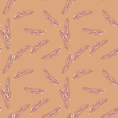 Buğday aksesuarının karalama kulağı ile kusursuz desen. Bej arka plan. Rastgele botanik baskısı. Basit bir tarz. Kumaş tasarımı, tekstil baskısı, ambalaj ve kapak için mükemmel. Vektör illüstrasyonu.