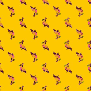 Pembe renkli papağan siluetleri kusursuz karalama desenleri. Parlak sarı arka plan. Hayvan kuş izi. Kumaş tasarımı, tekstil baskısı, ambalaj ve kapak için tasarlandı. Vektör illüstrasyonu.