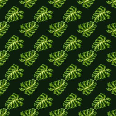 Küçük yeşil canavar şekilli, egzotik, pürüzsüz bir palmiye deseni. Karanlık arka plan. Kumaş tasarımı için dekoratif zemin, tekstil baskısı, ambalaj, kapak. Vektör illüstrasyonu.
