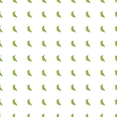 İzole edilmiş, yeşil papağan şekilli, kusursuz hayvanat bahçesi deseni. Beyaz arka plan. Karalama hayvan süsü. Kumaş tasarımı, tekstil baskısı, ambalaj ve kapak için tasarlandı. Vektör illüstrasyonu.