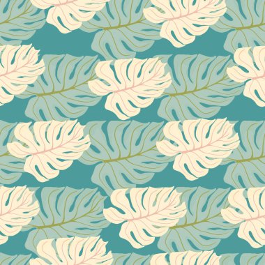 Soyut geometrik canavar palmiyesi pürüzsüz bir iz bırakır. Tropikal zemin. Kumaş tasarımı için dekoratif zemin, tekstil baskısı, ambalaj, kapak. Vektör illüstrasyonu.