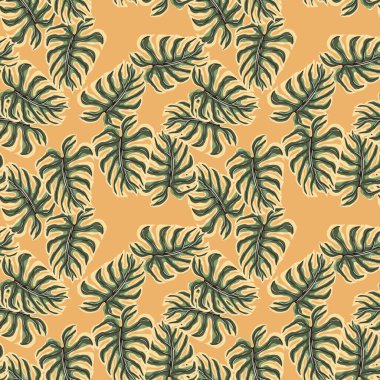 Palmiye yapraklarının dikişsiz şekli ve yeşil canavar yapraklarının şekli. Turuncu renkli arka plan. Kumaş tasarımı için dekoratif zemin, tekstil baskısı, ambalaj, kapak. Vektör illüstrasyonu.