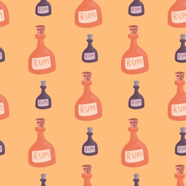 Pembe ve mor renkli rom şişesi desenli. Bej arka plan. Dekoratif alkol süsü. Kumaş tasarımı, tekstil baskısı, ambalaj ve kapak için tasarlandı. Vektör illüstrasyonu.