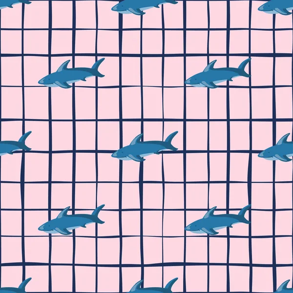 Aqua Seamless Pattern Blue Sharks Silhouettes Pink Chequered Background Geometric — Stock Vector