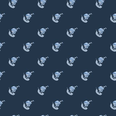 Basit mavi yelkenli gemi desenli, deniz tarzında koyu, pürüzsüz bir desen. Macera Deniz Arkaplanı. Kumaş tasarımı, tekstil baskısı, ambalaj ve kapak için tasarlandı. Vektör illüstrasyonu.