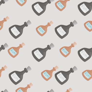 Bar menüsü, rom şişesi şekilli kusursuz bir kalıp tasarladı. Gri arka plan. Pastel tonlar. Alkol süsü. Kumaş tasarımı, tekstil baskısı, ambalaj ve kapak için tasarlandı. Vektör illüstrasyonu.