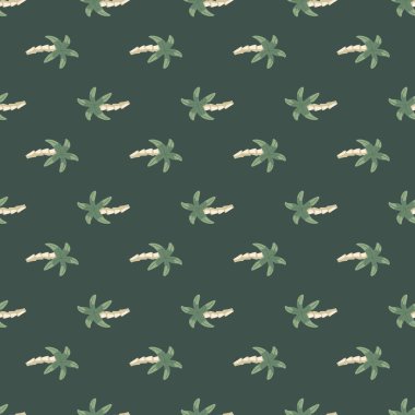 Soyut tropik desenli, küçük palmiye ağacı süslemeli. Soluk koyu renkler. Orman arkaplanı. Kumaş tasarımı, tekstil baskısı, ambalaj ve kapak için tasarlandı. Vektör illüstrasyonu.