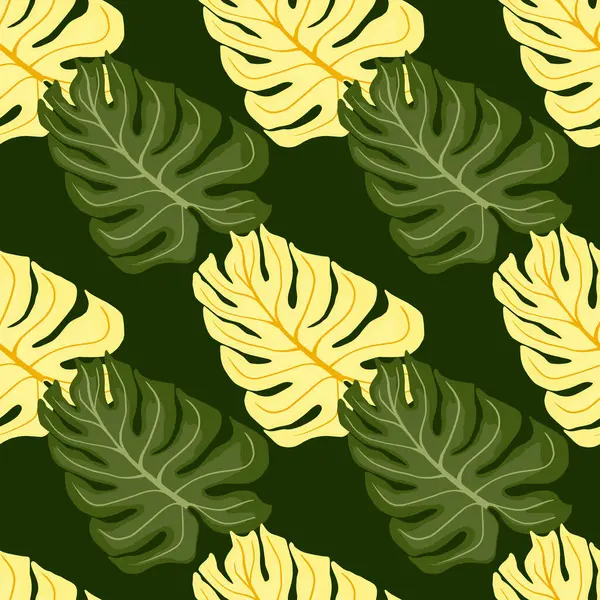 Monstera Verde Amarillo Deja Formas Patrón Garabato Sin Costuras Fondo — Vector de stock