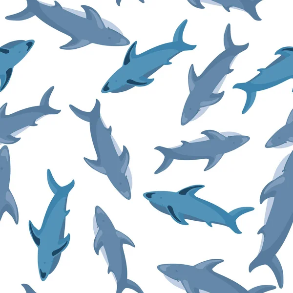 青いサメのシルエットのプリントとランダムなシームレスパターン 白地だ 自然の野生動物のプリント ファブリックデザイン テキスタイルプリント ラッピング カバー用に設計されています ベクターイラスト — ストックベクタ