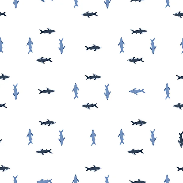 青いシンプルなサメの形をした幾何学的なスタイルで隔離されたシームレスなパターン 白地だ ファブリックデザイン テキスタイルプリント ラッピング カバー用に設計されています ベクターイラスト — ストックベクタ