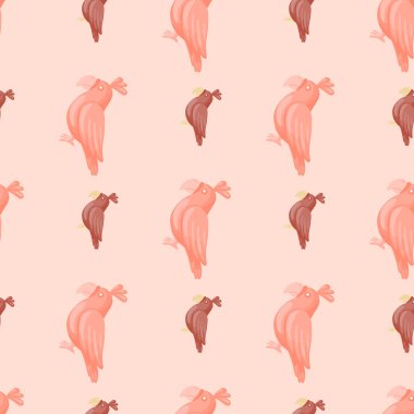 Tropik papağan şekilli, kusursuz bir hayvanat bahçesi kuşu deseni. Pastel pembe tonlar. Hayvan sanat eserlerini dekore et. Kumaş tasarımı, tekstil baskısı, ambalaj ve kapak için mükemmel. Vektör illüstrasyonu.