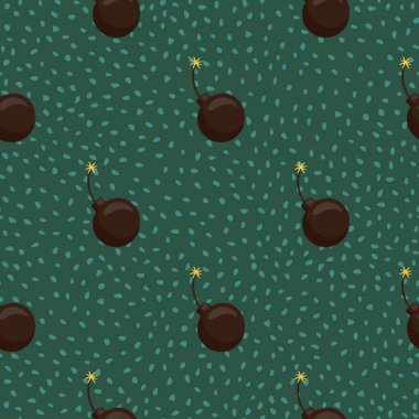 Elle çizilmiş kahverengi bombalar kusursuz desenler oluşturuyor. Yeşil noktalı arka plan. Komik tehlike süsü. Kumaş tasarımı, tekstil baskısı, ambalaj ve kapak için mükemmel. Vektör illüstrasyonu.