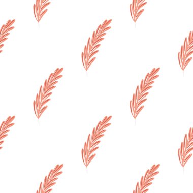 Pembe tüy siluetleriyle izole edilmiş, pürüzsüz desen. Beyaz arka plan. Minimalist bir süs. Kumaş tasarımı, tekstil baskısı, ambalaj ve kapak için mükemmel. Vektör illüstrasyonu.