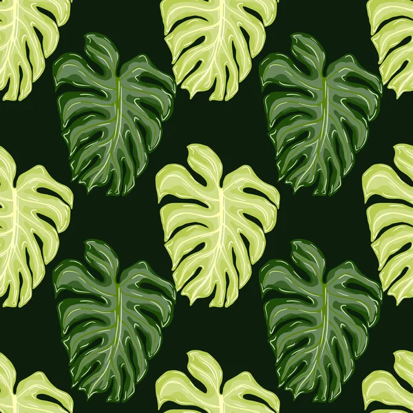 Palmgrünes Nahtloses Muster Mit Gekritzelten Grünen Monsterblättern Dunkler Hintergrund Dekorativer — Stockvektor