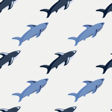 Çapraz mavi köpekbalığı elementleri olan kusursuz hayvan deseni. Pastel gri arka plan. Okyanus hayvanat bahçesi arka planı. Kumaş tasarımı, tekstil baskısı, ambalaj ve kapak için tasarlandı. Vektör illüstrasyonu.