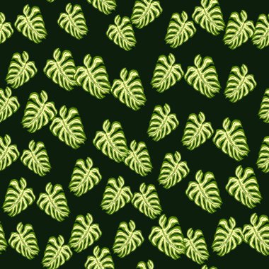 Rastgele palmiye yapraklı canavar elementleriyle dekoratif yapraksız desen. Karanlık arka plan. Kumaş tasarımı için dekoratif zemin, tekstil baskısı, ambalaj, kapak. Vektör illüstrasyonu.