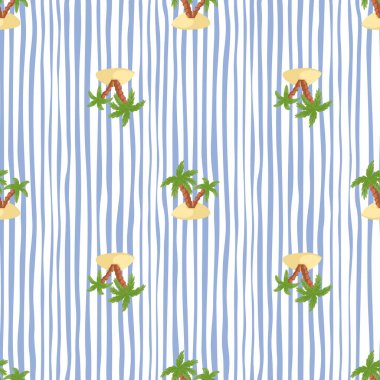 Yeşil palmiyeli ve ada şekilli kusursuz doğa cenneti deseni. Beyaz ve mavi çizgili arka plan. Kumaş tasarımı, tekstil baskısı, ambalaj ve kapak için tasarlandı. Vektör illüstrasyonu.