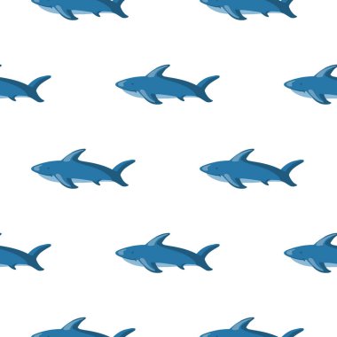 Mavi köpekbalığı siluetleriyle izole edilmiş, kusursuz hayvanat bahçesi deniz şablonu. Beyaz arka plan. Basit bir parmak izi. Kumaş tasarımı, tekstil baskısı, ambalaj ve kapak için tasarlandı. Vektör illüstrasyonu.