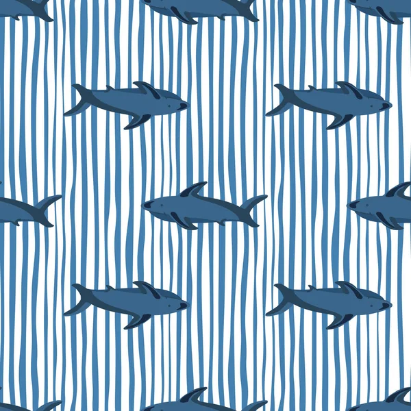 Decorative Seamless Pattern Navy Blue Shark Shapes White Blue Striped — Stock Vector