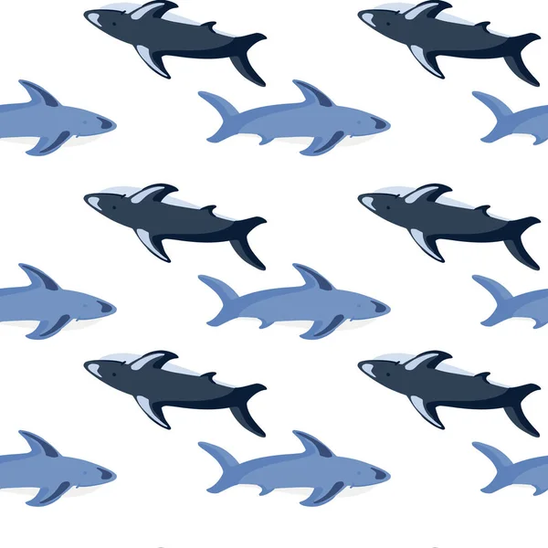青いサメの形をしたシームレスな孤立パターンが印刷されます 白地だ 海の水中装飾 ファブリックデザイン テキスタイルプリント ラッピング カバー用に設計されています ベクターイラスト — ストックベクタ