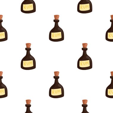 Kahverengi rom şişesi elementleriyle izole edilmiş karalama kalıpları. Beyaz arka plan. Bar içki arkaplanı. Kumaş tasarımı, tekstil baskısı, ambalaj ve kapak için tasarlandı. Vektör illüstrasyonu.