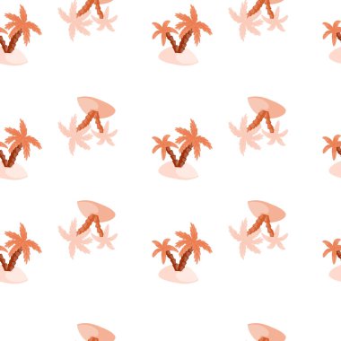 Pembe pastel karalama adası ve palmiye ağacı süsüsüyle izole edilmiş, pürüzsüz bir desen. Beyaz arka plan. Kumaş tasarımı, tekstil baskısı, ambalaj ve kapak için tasarlandı. Vektör illüstrasyonu.