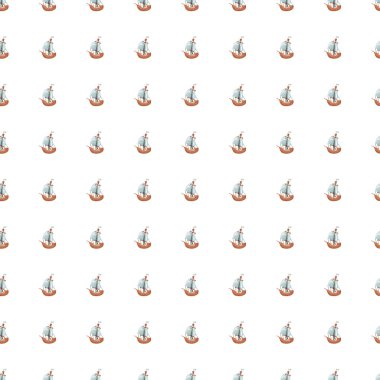 Küçük yelkenli gemi elementlerinin basıldığı izole, pürüzsüz bir desen. Beyaz arka plan. Basit bir taşıma izi. Kumaş tasarımı, tekstil baskısı, ambalaj ve kapak için tasarlandı. Vektör illüstrasyonu.