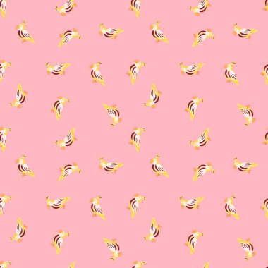 Rastgele sarı papağanlar desenli, pürüzsüz bir hayvanat bahçesi. Pembe arka plan. Soyut hayvan arkaplanı. Kumaş tasarımı, tekstil baskısı, ambalaj ve kapak için tasarlandı. Vektör illüstrasyonu.