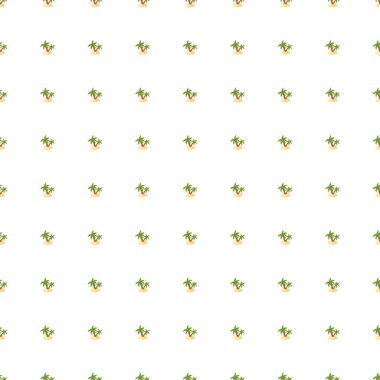 Yeşil palmiye ağacı ve ada siluetleriyle soyut, tropikal, dikişsiz desen. İzole arka plan. Kumaş tasarımı, tekstil baskısı, ambalaj ve kapak için tasarlandı. Vektör illüstrasyonu.