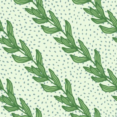 Açık yeşil arka planda yaprakları pürüzsüz olan antika bir dal. Yeşillik arkaplan. Doğa duvar kağıdı. Kumaş tasarımı, tekstil baskısı, ambalaj, kapak için. Retro vektör illüstrasyonu.