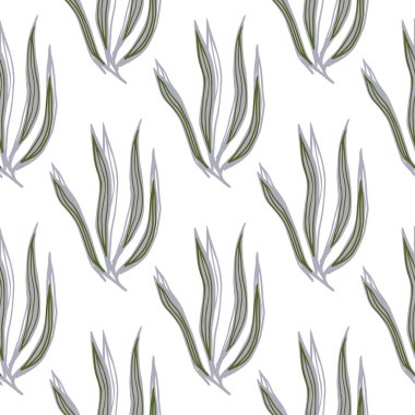 Geometrik yosunlar beyaz arka planda izole edilmiş kusursuz desenler. Deniz bitkileri duvar kağıdı. Su altı bitki örtüsü. Kumaş, tekstil baskısı, ambalaj, kapak tasarımı. Vektör illüstrasyonu.