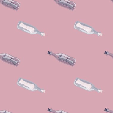 Pastel pürüzsüz tonlar çizilmiş el yazısıyla çizilmiş şişeler. Pembe arka plan. Basit bir tarz. Kumaş tasarımı, tekstil baskısı, ambalaj ve kapak için tasarlandı. Vektör illüstrasyonu.