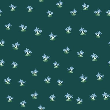 Küçük palmiye ağaçları ve ada süsüsüyle kusursuz bir yaz deseni. Deniz mavisi. Doodle tarzı. Kumaş tasarımı, tekstil baskısı, ambalaj ve kapak için tasarlandı. Vektör illüstrasyonu.