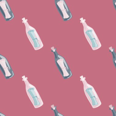 Mavi şişeli ve mesaj izli, kusursuz desenli karalama. Pembe arka plan. Deniz süsü. Kumaş tasarımı, tekstil baskısı, ambalaj ve kapak için tasarlandı. Vektör illüstrasyonu.