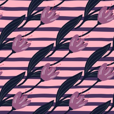 Çizgili arka planda kusursuz lale deseni. Dekoratif çiçek süsü duvar kağıdı. Botanik tasarımı. Kumaş tasarımı, tekstil baskısı, ambalaj, kapak için. Retro vektör illüstrasyonu.