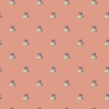 Dekoratif küçük mavi ada ve ağaç palmiyesi desenli soyut, pürüzsüz desen. Pembe renkli arka plan. Kumaş tasarımı, tekstil baskısı, ambalaj ve kapak için tasarlandı. Vektör illüstrasyonu.