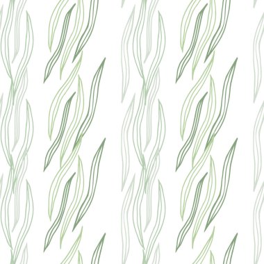 Soyut botanik çizgisi beyaz arkaplanda izole edilmiş kusursuz desenler oluşturur. Doğa duvar kağıdı. Kumaş, tekstil baskısı, ambalaj ve kapak için basit tasarım. Vektör illüstrasyonu.