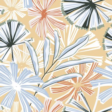 Yaratıcı tropikal palmiye yaprakları pürüzsüz desen bırakır. Orman botanik duvar kağıdı bırakır. Güzel yeşillik arkaplanı. Kumaş, tekstil baskısı, ambalaj, kapak tasarımı. vektör illüstrasyonu