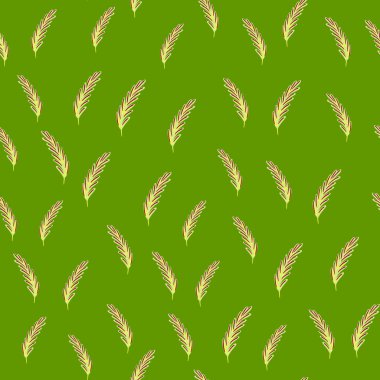 Rastgele küçük biberiye siluetleri olan doğal organik, pürüzsüz desen. Yeşil arka plan. Kumaş tasarımı, tekstil baskısı, ambalaj ve kapak için mükemmel. Vektör illüstrasyonu.