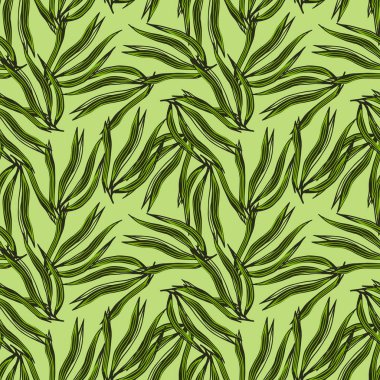 Çağdaş yeşil yosunların kusursuz desenleri. Deniz bitkileri duvar kağıdı. Su altı bitki örtüsü. Kumaş, tekstil baskısı, ambalaj, kapak tasarımı. Vektör illüstrasyonu.