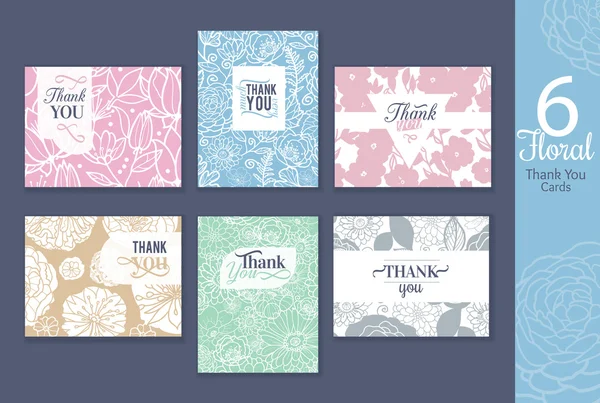 Six floral wedding thank you cards set with elegant text design, repeat pattern backgrounds perfect for any ocasion. — Stock Vector
