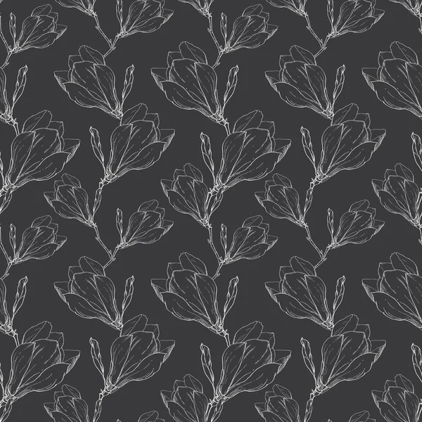 Vektor-fekete fehér csipke Vintage Magnolia virágok szövet Retro ismétlődő Seamless Pattern kézzel rajzolt, botanikai stílusban. Tökéletes a szövet, csomagolás, háttérkép, hátterek, üdvözlőlapok. — Stock Vector