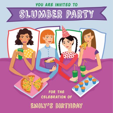 Parti doğum günü davetiyesi dört şirin kız arkadaş vektör çizim ile pijama. Sohbet, pijama partisi sırasında atıştırma zencefil, esmer, sarışın, kahverengi saçlı kız değişik saç modelleri.